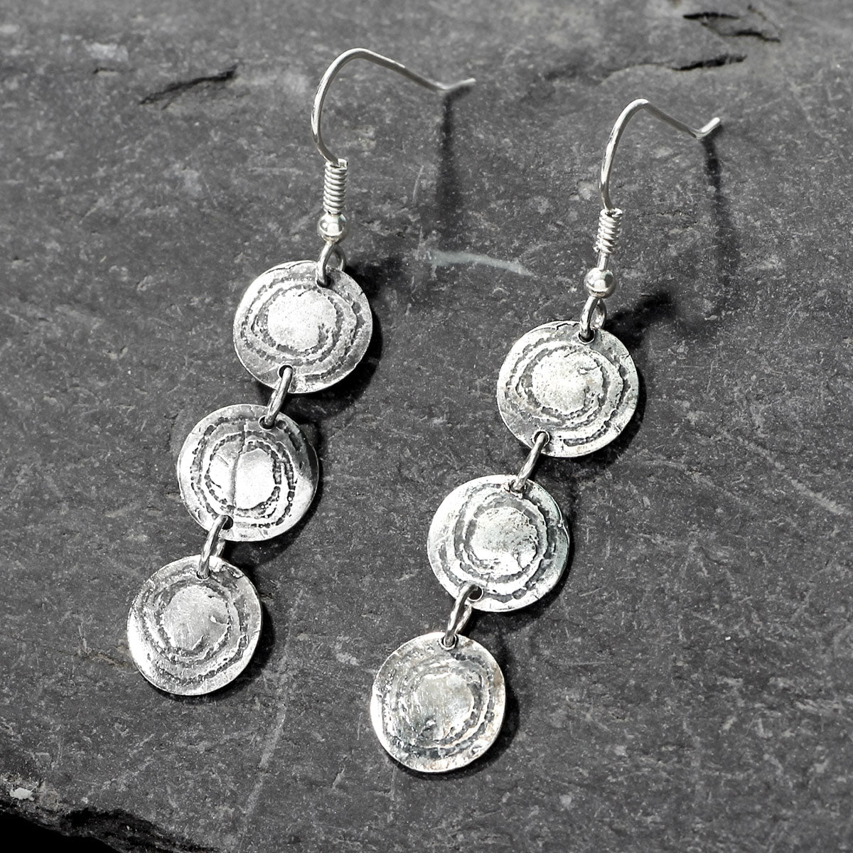 Barclodiad Rock Art Triple Oxidised Silver Drop Earrings by Silverfish
