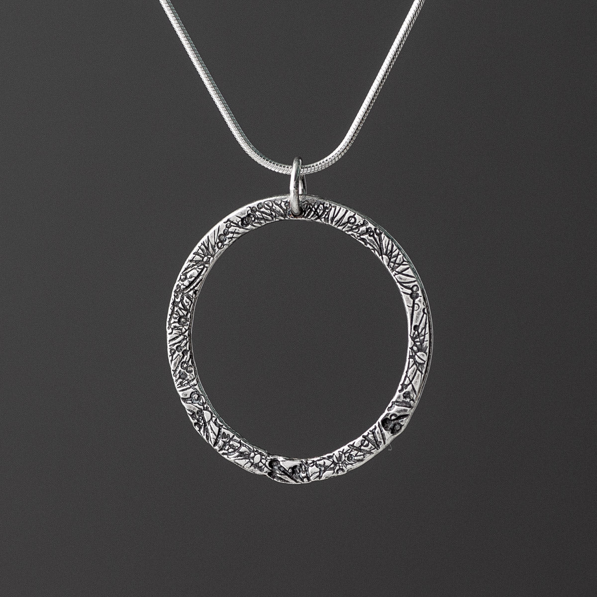 Flora Circle Pendant - Extra Large - Oxidised Silver by Silverfish