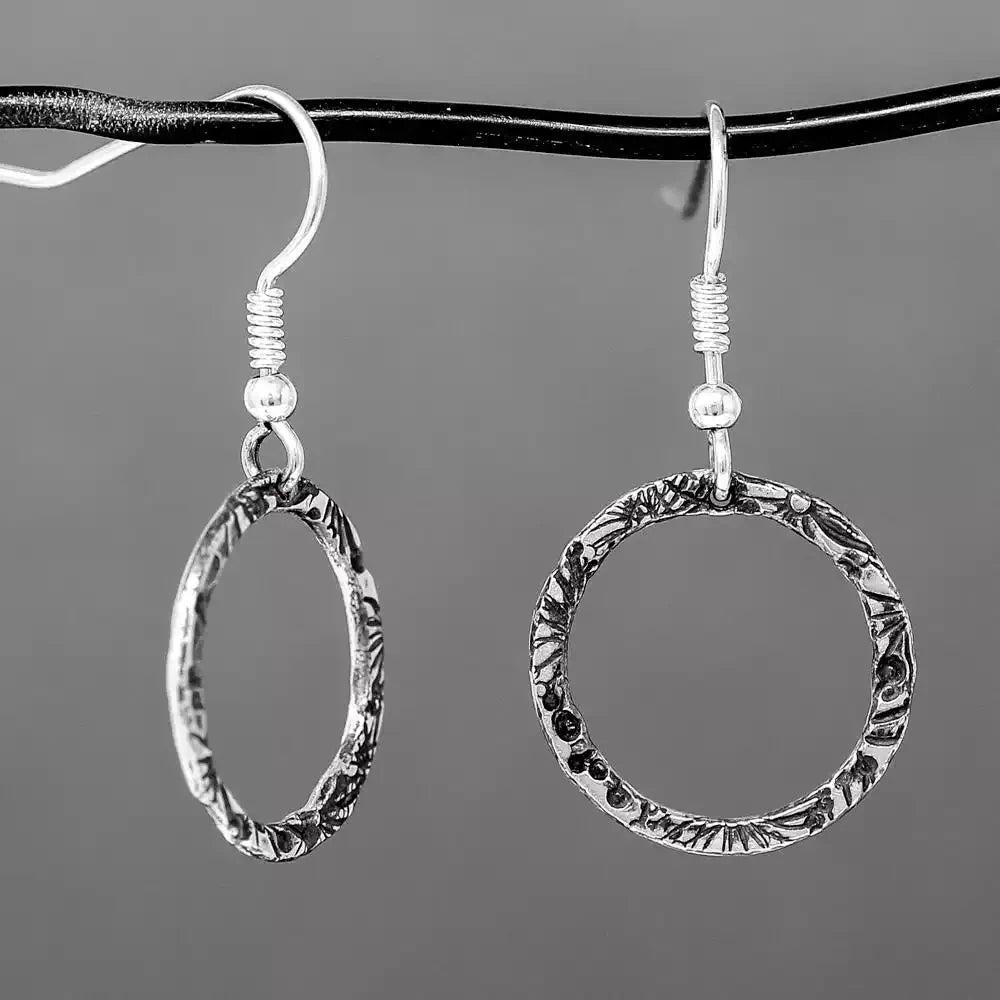 Flora Circle Drops - Large - Oxidised Silver by Silverfish