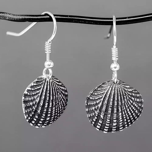 Thai Cockle Drop Earrings - Oxidised Silver by Silverfish