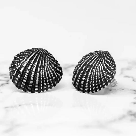 Thai Cockle Stud Earrings - Oxidised Silver by Silverfish