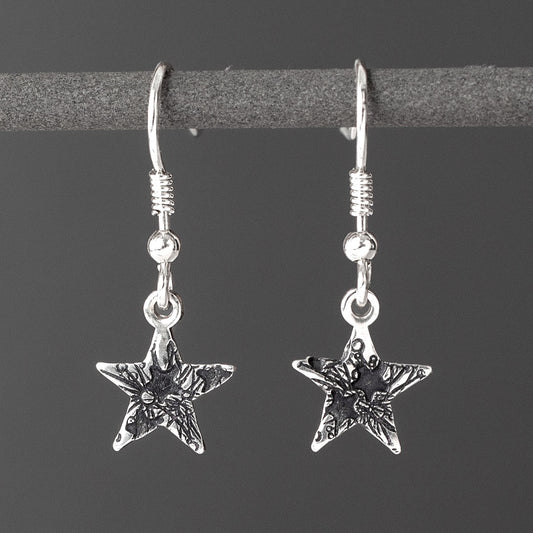 Stamped Star Oxidised Silver Drop Earrings by Silverfish