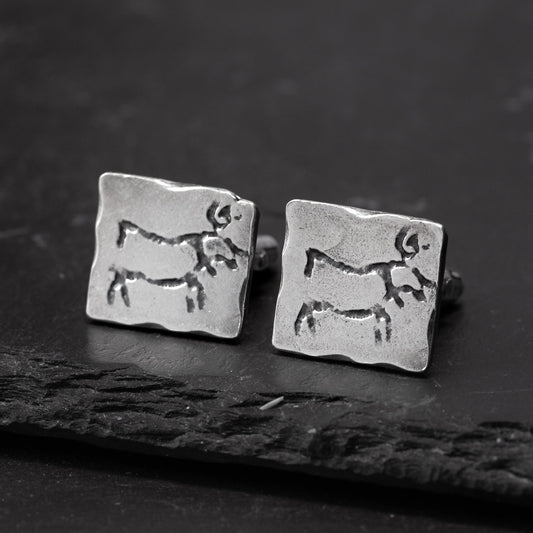 Norwegian Stags Rock Art Oxidised Silver Cufflinks by Silverfish