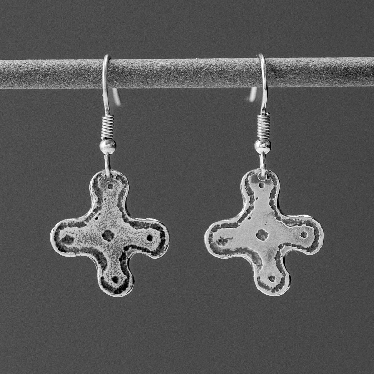 Camunian Rose Oxidised Silver Drop Earrings by Silverfish