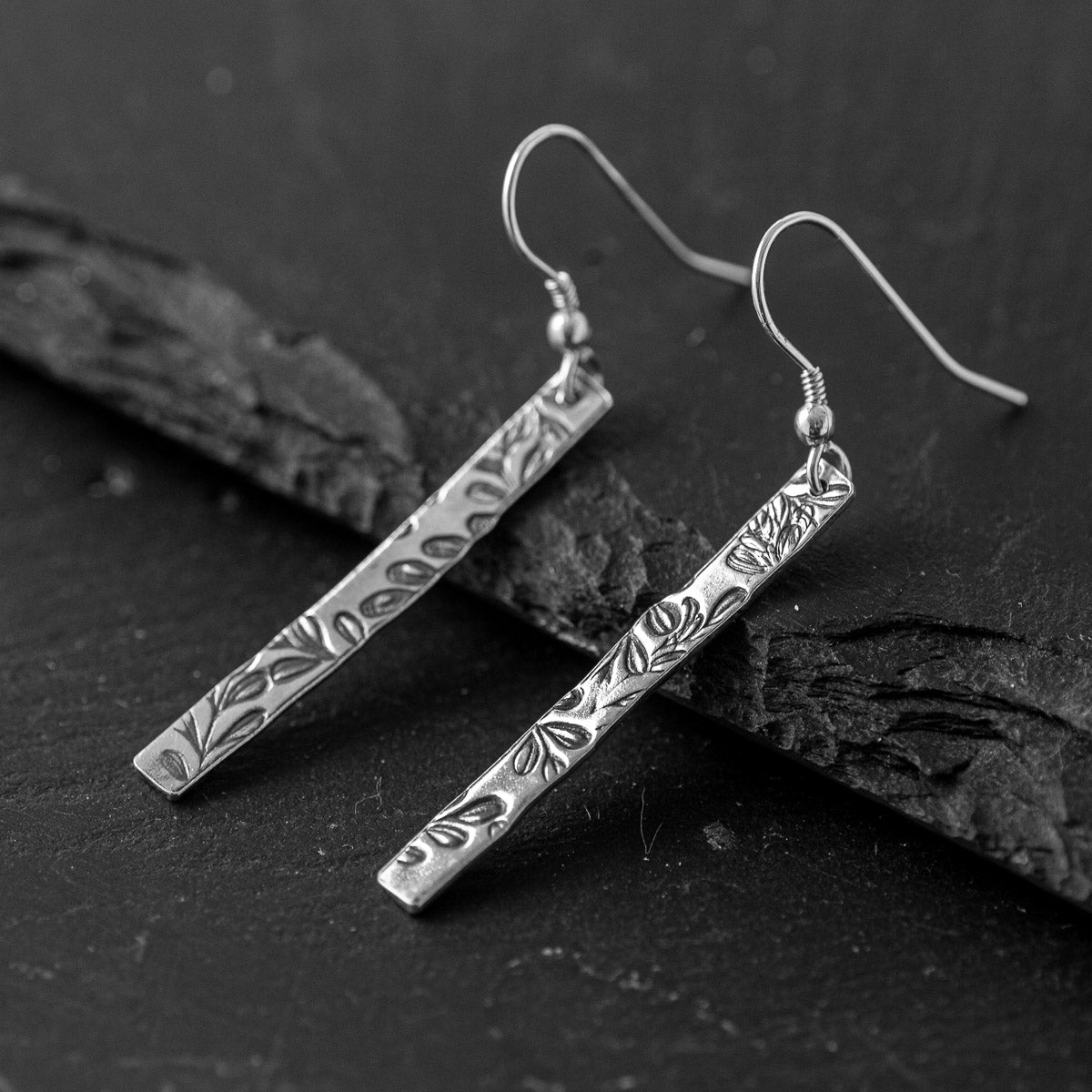 Flora Stem Oxidised Silver Drop Earrings by Silverfish