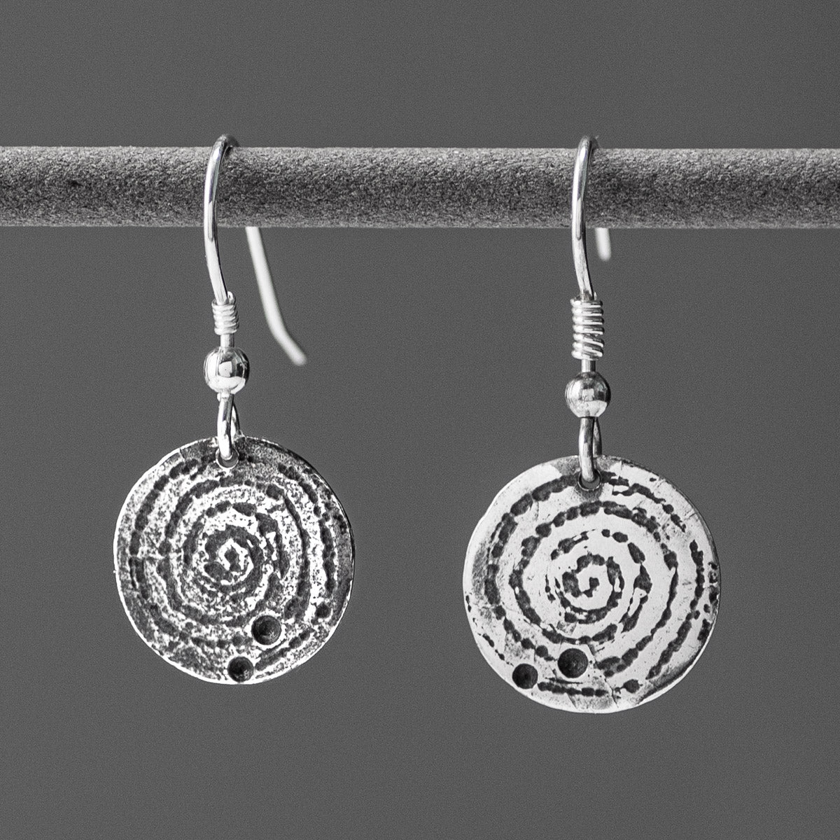 Llanbedr Spiral Oxidised Silver Drop Earrings by Silverfish