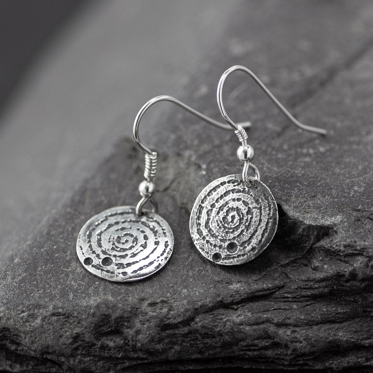 Llanbedr Spiral Oxidised Silver Drop Earrings by Silverfish