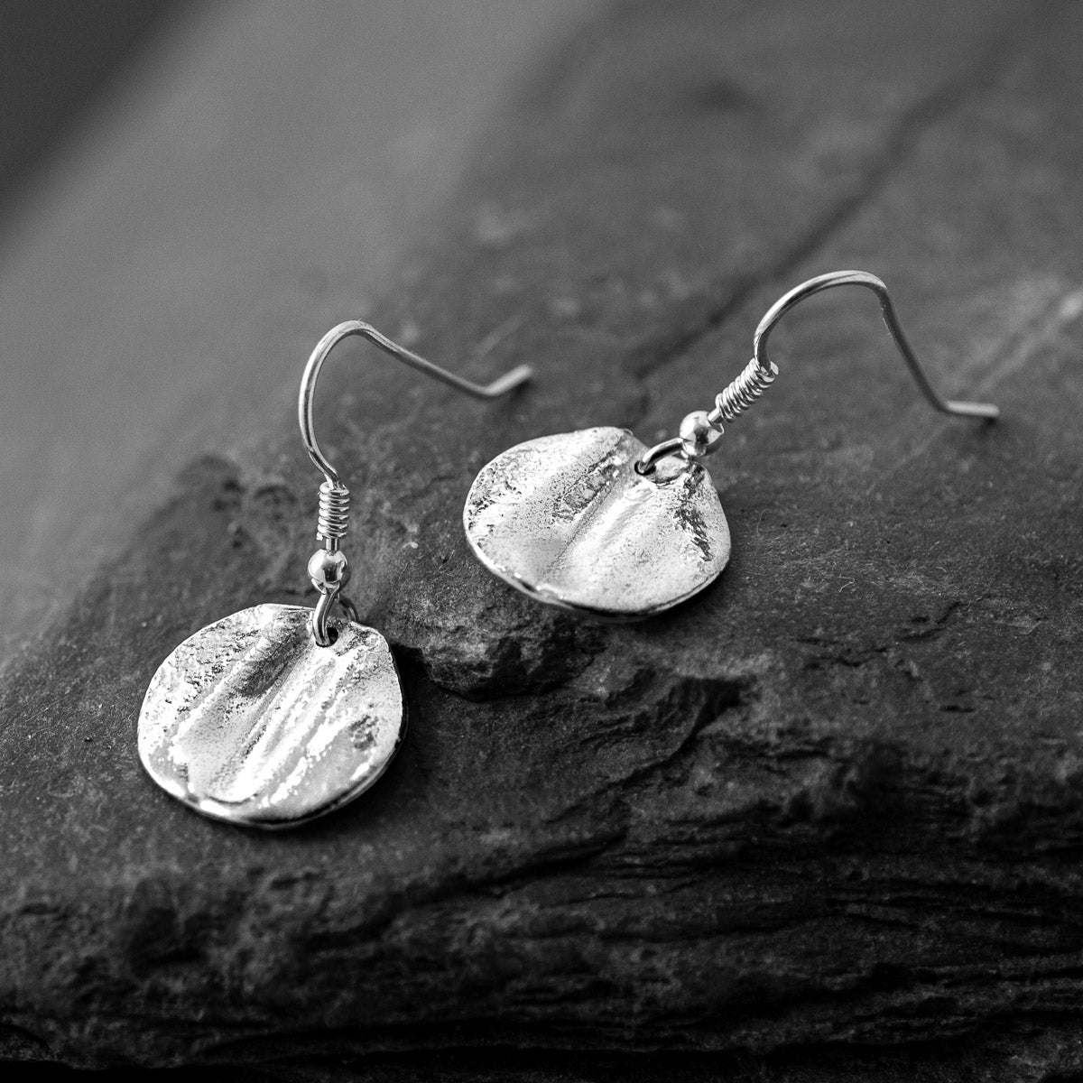 Ribbon Disc Silver Drop Earrings by Silverfish