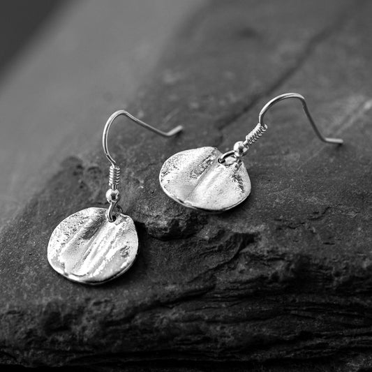 Ribbon Disc Silver Drop Earrings by Silverfish