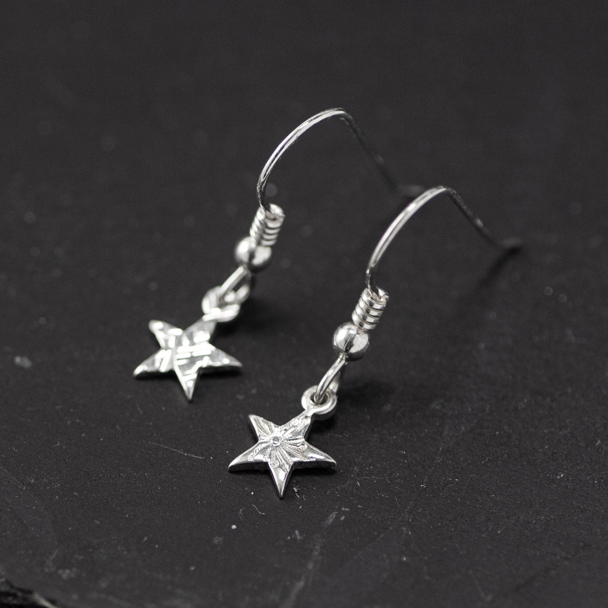 Stamped Star Silver Drop Earrings - Tiny by Silverfish