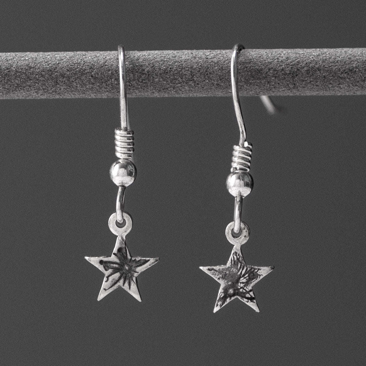 Stamped Star Oxidised Silver Drop Earrings - Tiny by Silverfish