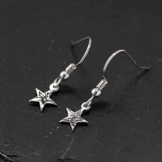 Stamped Star Oxidised Silver Drop Earrings - Tiny by Silverfish