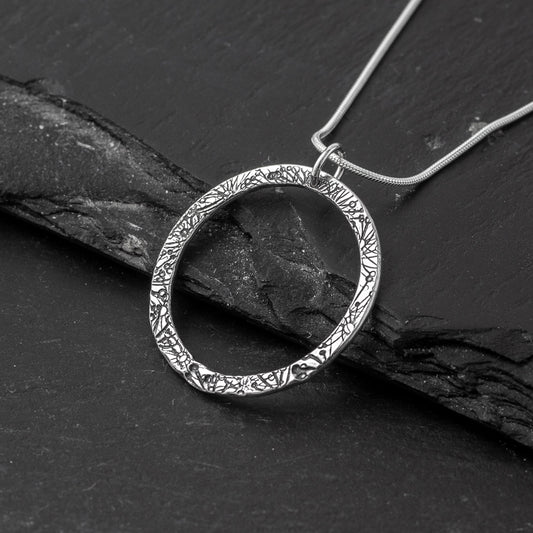 Flora Circle Pendant - Extra Large - Oxidised Silver by Silverfish