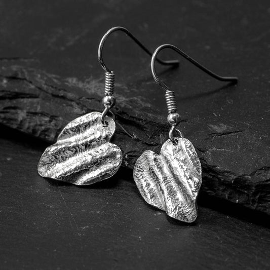 Ribbon Heart Silver Drop Earrings - Angled - Small by Silverfish