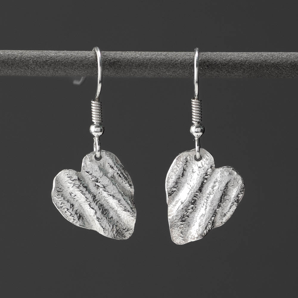 Ribbon Heart Silver Drop Earrings - Angled - Small by Silverfish