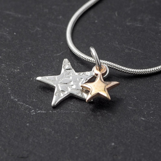 Stamped Star Duo Silver and Tiny 9ct Rose Gold Silver Pendant by Silverfish