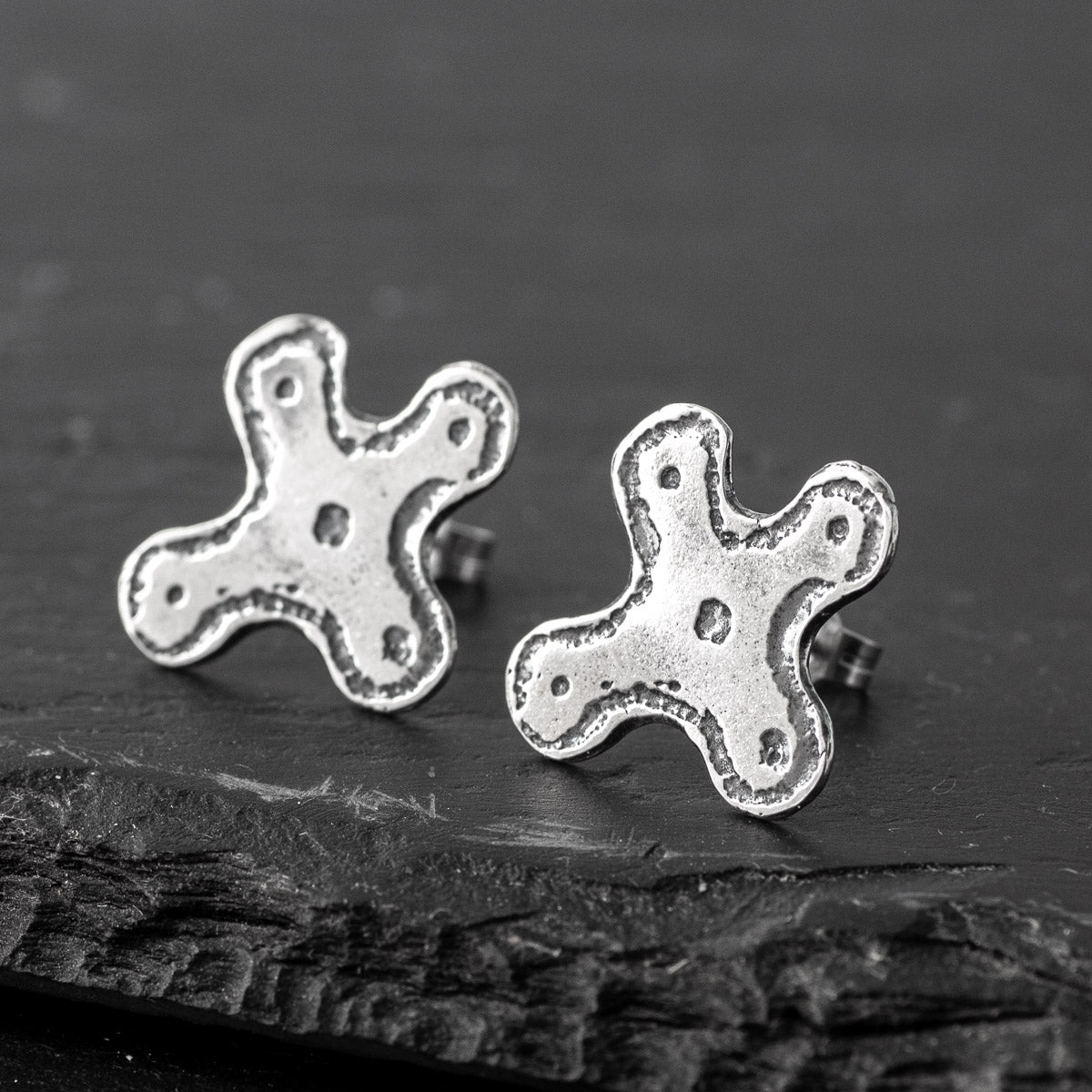 Camunian Rose Oxidised Silver Stud Earrings by Silverfish